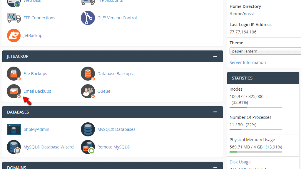 Interface du tableau de bord JetBackup